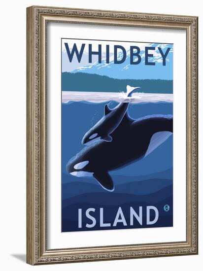 Whidbey Island, Washington - Orca and Calf-Lantern Press-Framed Art Print