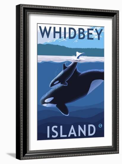 Whidbey Island, Washington - Orca and Calf-Lantern Press-Framed Art Print