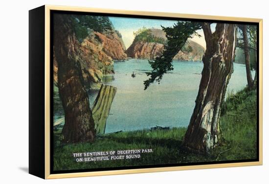 Whidbey Island, Washington - View of the Sentinels of the Pass from Puget Sound, c.1928-Lantern Press-Framed Stretched Canvas