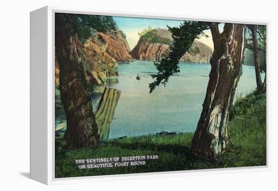 Whidbey Island, Washington - View of the Sentinels of the Pass from Puget Sound, c.1928-Lantern Press-Framed Stretched Canvas