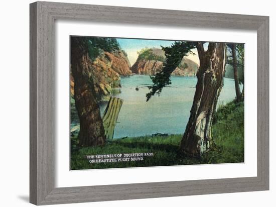 Whidbey Island, Washington - View of the Sentinels of the Pass from Puget Sound, c.1928-Lantern Press-Framed Art Print