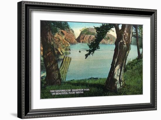 Whidbey Island, Washington - View of the Sentinels of the Pass from Puget Sound, c.1928-Lantern Press-Framed Art Print