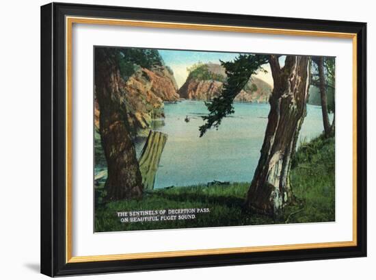 Whidbey Island, Washington - View of the Sentinels of the Pass from Puget Sound, c.1928-Lantern Press-Framed Art Print