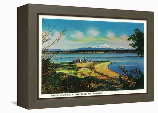 Whidby Island and Mt. Baker from Port Townsend - Port Townsend, WA-Lantern Press-Framed Stretched Canvas