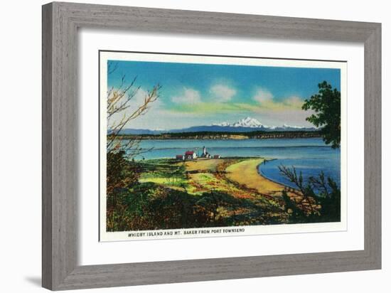 Whidby Island and Mt. Baker from Port Townsend - Port Townsend, WA-Lantern Press-Framed Art Print