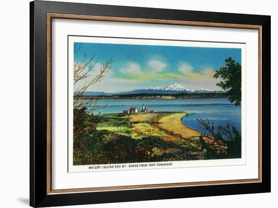 Whidby Island and Mt. Baker from Port Townsend - Port Townsend, WA-Lantern Press-Framed Art Print