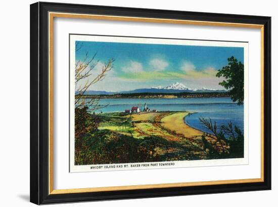 Whidby Island and Mt. Baker from Port Townsend - Port Townsend, WA-Lantern Press-Framed Art Print