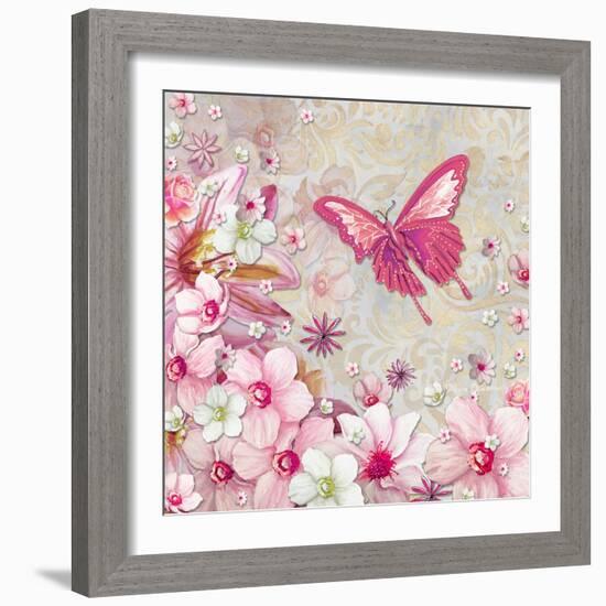 Whimsical Butterfly Pink Flowers-Megan Aroon Duncanson-Framed Art Print