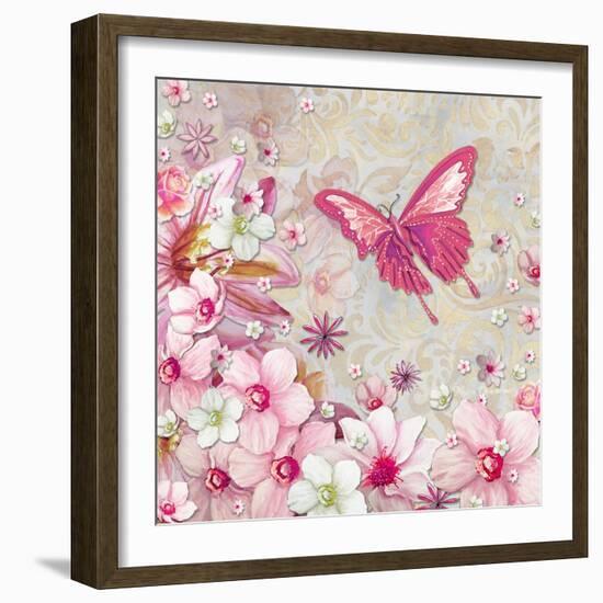 Whimsical Butterfly Pink Flowers-Megan Aroon Duncanson-Framed Art Print