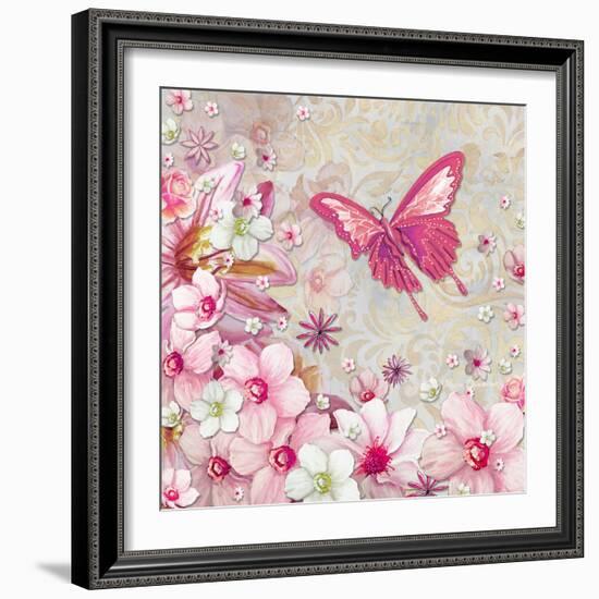 Whimsical Butterfly Pink Flowers-Megan Aroon Duncanson-Framed Art Print