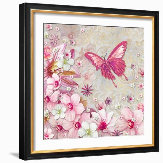 Whimsical Butterfly Pink Flowers-Megan Aroon Duncanson-Framed Art Print