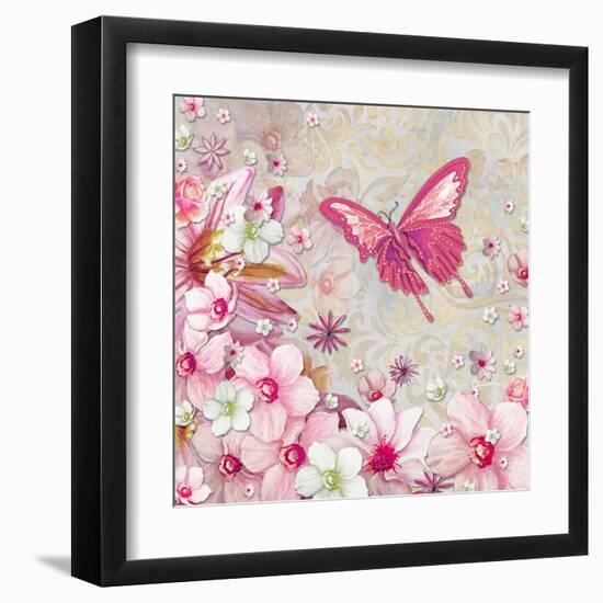 Whimsical Butterfly Pink Flowers-Megan Aroon Duncanson-Framed Art Print