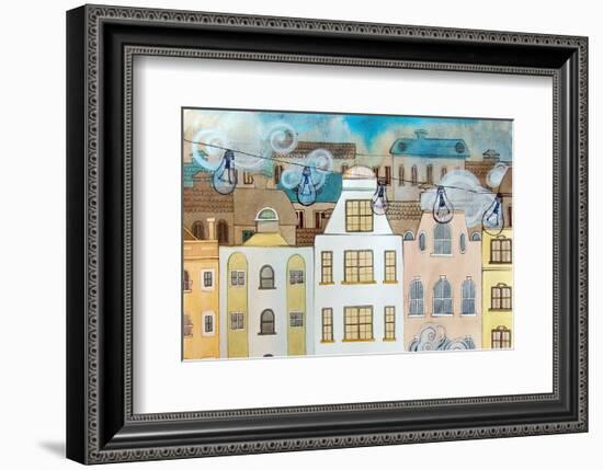 Whimsical City & Light Bulbs-null-Framed Premium Giclee Print