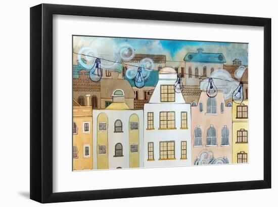 Whimsical City & Light Bulbs-null-Framed Art Print