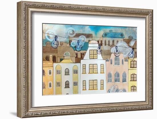 Whimsical City & Light Bulbs-null-Framed Art Print