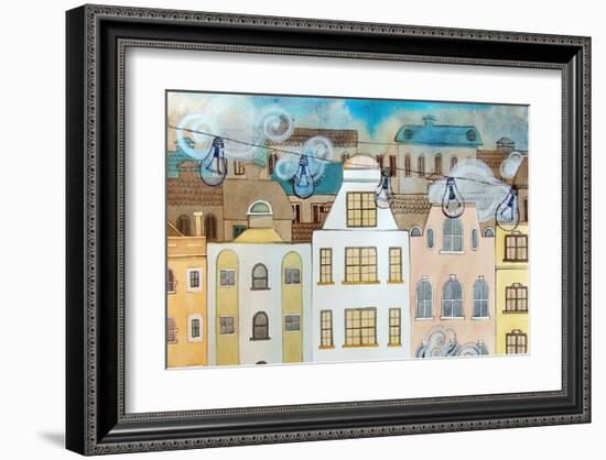 Whimsical City & Light Bulbs-null-Framed Art Print