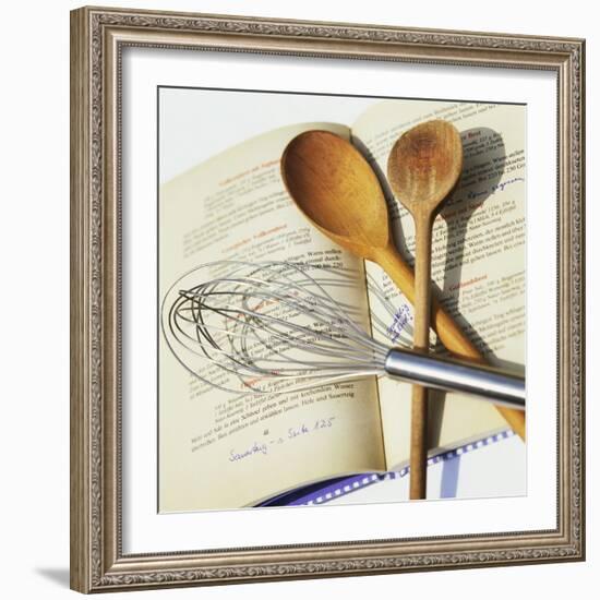 Whisk and Wooden Spoons on Recipe Book-Innerhofer Photodes-Framed Photographic Print