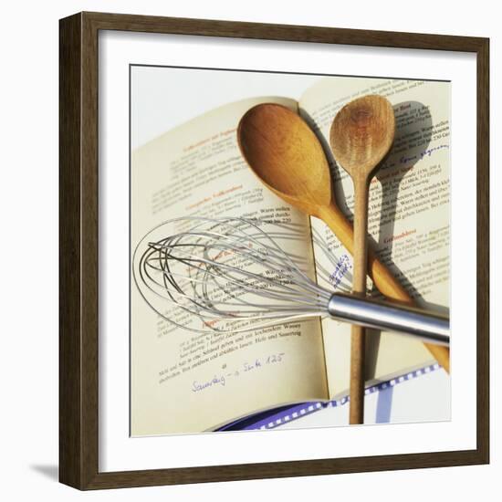 Whisk and Wooden Spoons on Recipe Book-Innerhofer Photodes-Framed Photographic Print