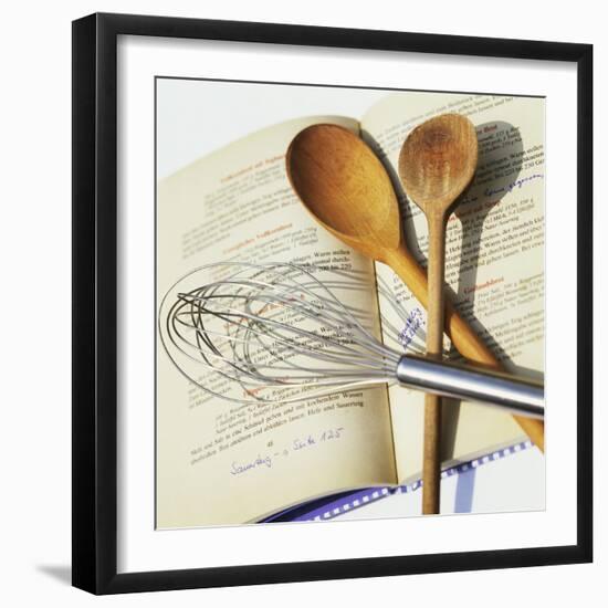 Whisk and Wooden Spoons on Recipe Book-Innerhofer Photodes-Framed Photographic Print