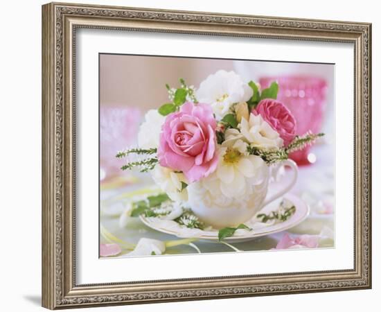 White and Pink Roses and Heather in a Cup-Friedrich Strauss-Framed Photographic Print