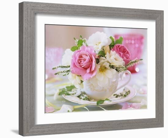 White and Pink Roses and Heather in a Cup-Friedrich Strauss-Framed Photographic Print