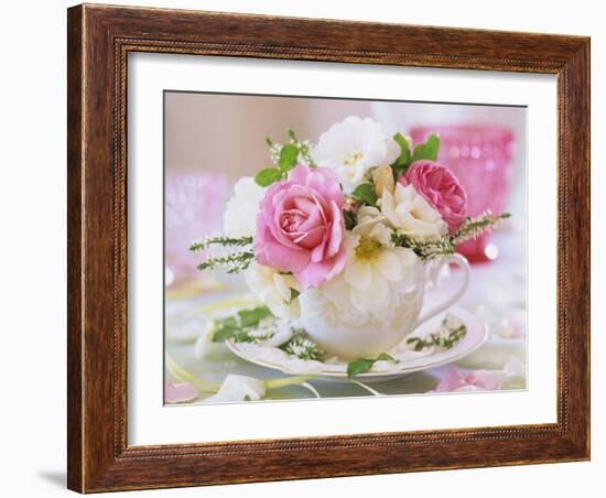 White and Pink Roses and Heather in a Cup-Friedrich Strauss-Framed Photographic Print