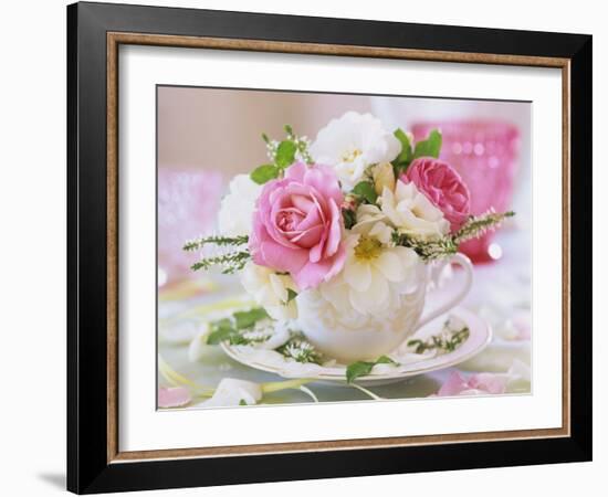 White and Pink Roses and Heather in a Cup-Friedrich Strauss-Framed Photographic Print