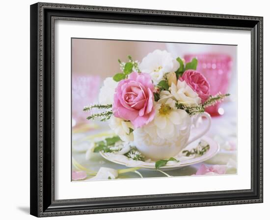 White and Pink Roses and Heather in a Cup-Friedrich Strauss-Framed Photographic Print