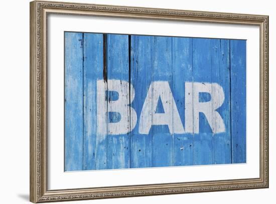 White Bar Sign Painted On A Dilapidated Blue Wooden Wall-Dutourdumonde-Framed Art Print