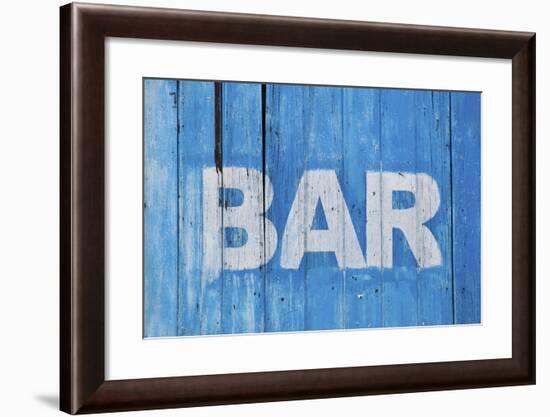 White Bar Sign Painted On A Dilapidated Blue Wooden Wall-Dutourdumonde-Framed Art Print