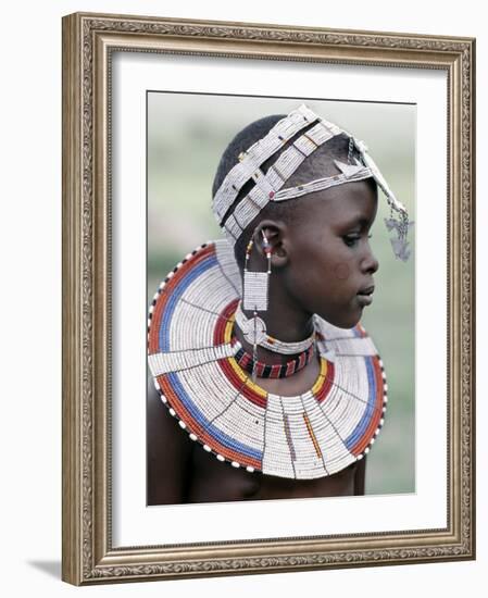 White Beadwork and Circular Scar on Cheek of This Maasai Girl, from the Kisongo Group-Nigel Pavitt-Framed Photographic Print