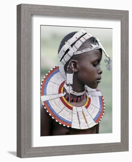 White Beadwork and Circular Scar on Cheek of This Maasai Girl, from the Kisongo Group-Nigel Pavitt-Framed Photographic Print