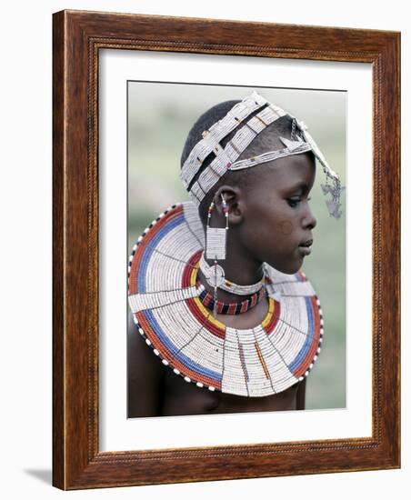 White Beadwork and Circular Scar on Cheek of This Maasai Girl, from the Kisongo Group-Nigel Pavitt-Framed Photographic Print