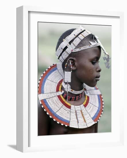 White Beadwork and Circular Scar on Cheek of This Maasai Girl, from the Kisongo Group-Nigel Pavitt-Framed Photographic Print