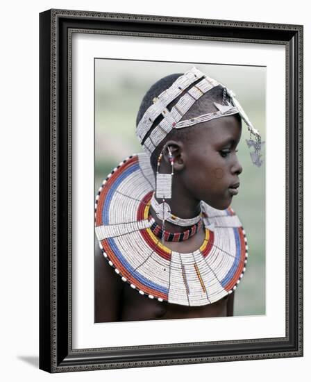 White Beadwork and Circular Scar on Cheek of This Maasai Girl, from the Kisongo Group-Nigel Pavitt-Framed Photographic Print