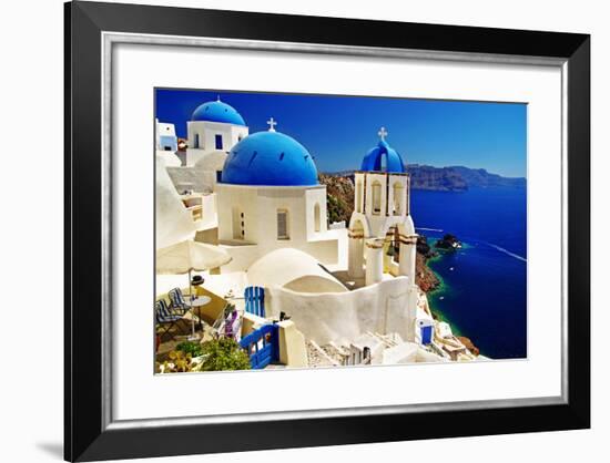 White-Blue Santorini - View of Caldera with Churches-Maugli-l-Framed Photographic Print