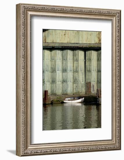 White boat and old green boatshed doors.and banks of River Thames-Charles Bowman-Framed Photographic Print