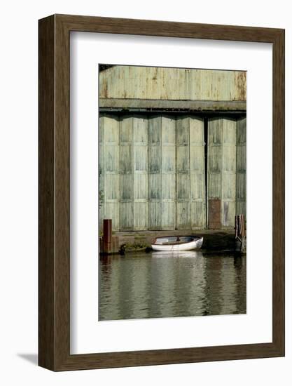 White boat and old green boatshed doors.and banks of River Thames-Charles Bowman-Framed Photographic Print