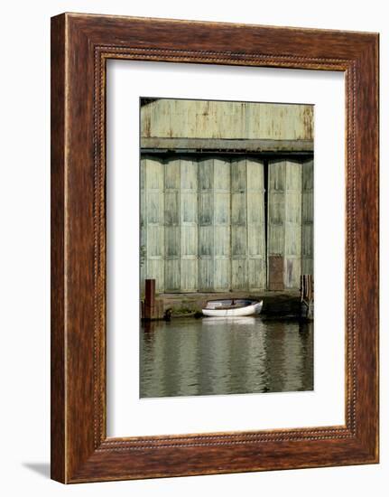 White boat and old green boatshed doors.and banks of River Thames-Charles Bowman-Framed Photographic Print