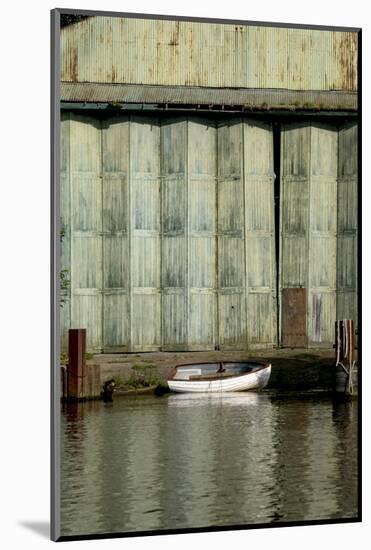 White boat and old green boatshed doors.and banks of River Thames-Charles Bowman-Mounted Photographic Print