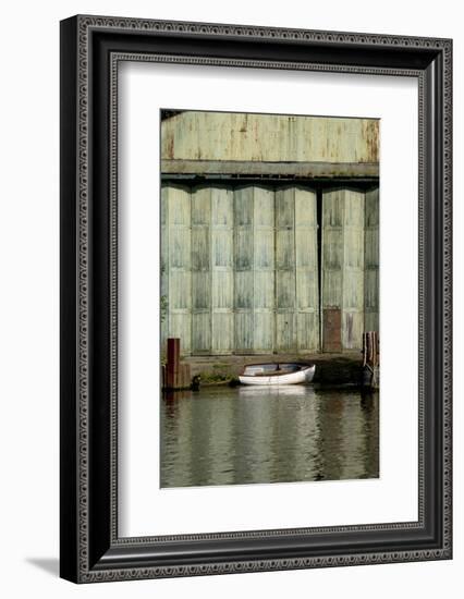 White boat and old green boatshed doors.and banks of River Thames-Charles Bowman-Framed Photographic Print