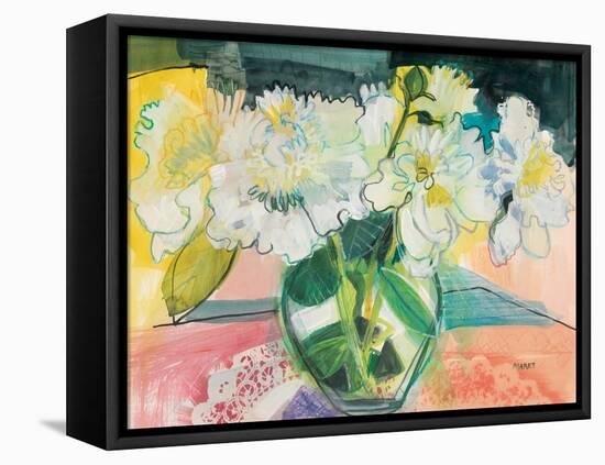 White Bouquet on Pink Table-Maret Hensick-Framed Stretched Canvas