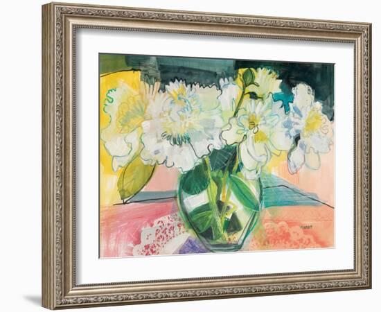 White Bouquet on Pink Table-Maret Hensick-Framed Art Print