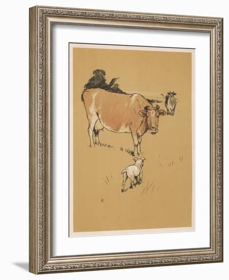 White Bulldog Approaches a Docile-Looking Cow in a Field-Cecil Aldin-Framed Art Print