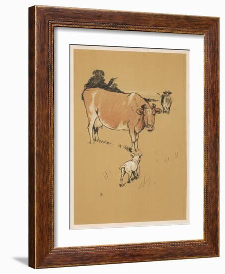 White Bulldog Approaches a Docile-Looking Cow in a Field-Cecil Aldin-Framed Art Print