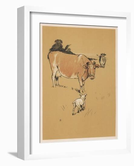 White Bulldog Approaches a Docile-Looking Cow in a Field-Cecil Aldin-Framed Art Print