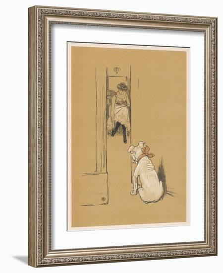 White Bulldog Guards His Master's Friend Pammy While She Changes Her Clothes-Cecil Aldin-Framed Photographic Print