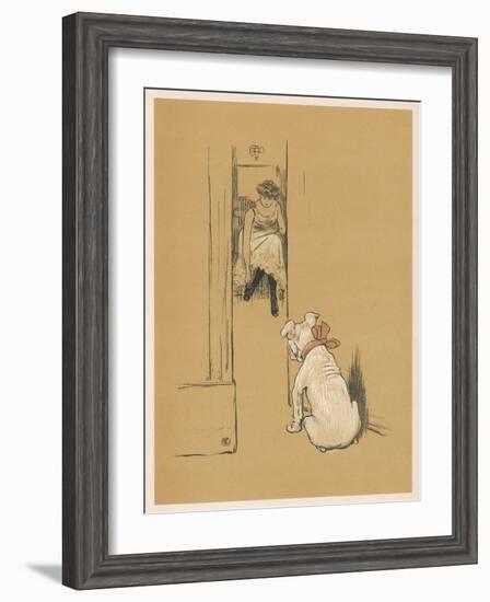 White Bulldog Guards His Master's Friend Pammy While She Changes Her Clothes-Cecil Aldin-Framed Photographic Print