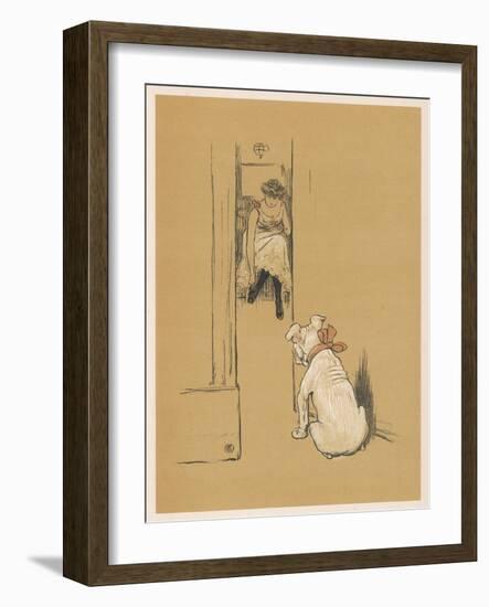 White Bulldog Guards His Master's Friend Pammy While She Changes Her Clothes-Cecil Aldin-Framed Photographic Print