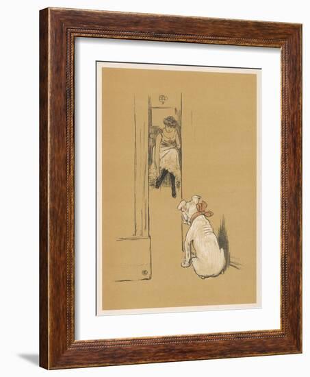 White Bulldog Guards His Master's Friend Pammy While She Changes Her Clothes-Cecil Aldin-Framed Photographic Print